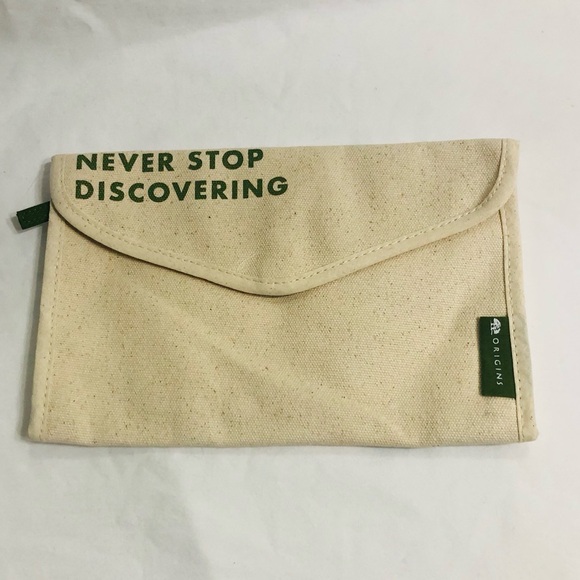 Origins cosmetics jewelry canvas pouch Never Stop Discovering beige 10”X 6 1/2” - Picture 1 of 4